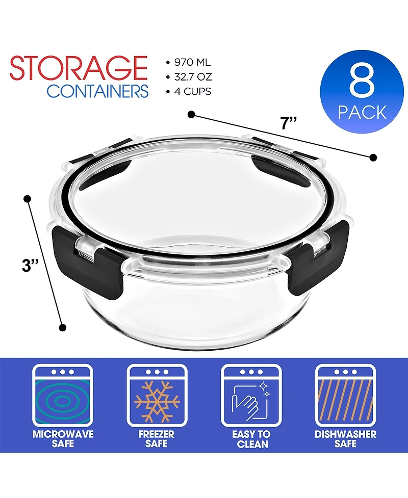 Sorbus 16 Piece Round (970ml/ 32.7oz/ 4cups) Glass Meal Prep Containers with Airtight Lids - Preserves Freshness, Oven Safe, durable, Bpa-free