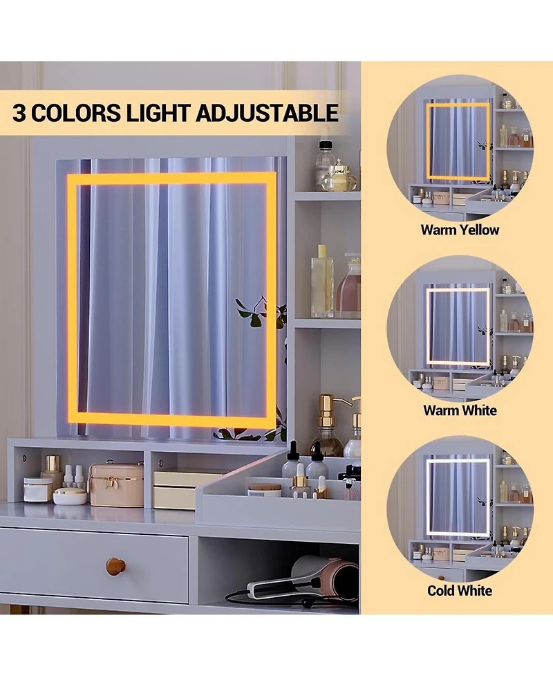 Gaomon 2-Drawer Vanity Desk, Lighted Makeup Dressing Table with Built-in Power Outlet