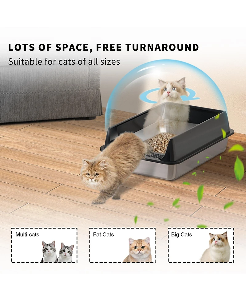 Aostirmotor Medium Stainless Steel Cat Litter Box Black, Anti-Rust & Odor Control Pan