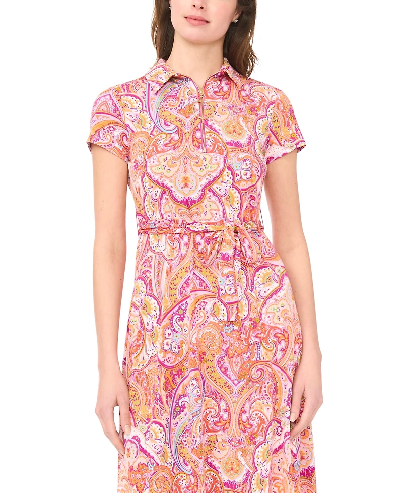 Msk Women's Short-Sleeve Zipper Midi Dress