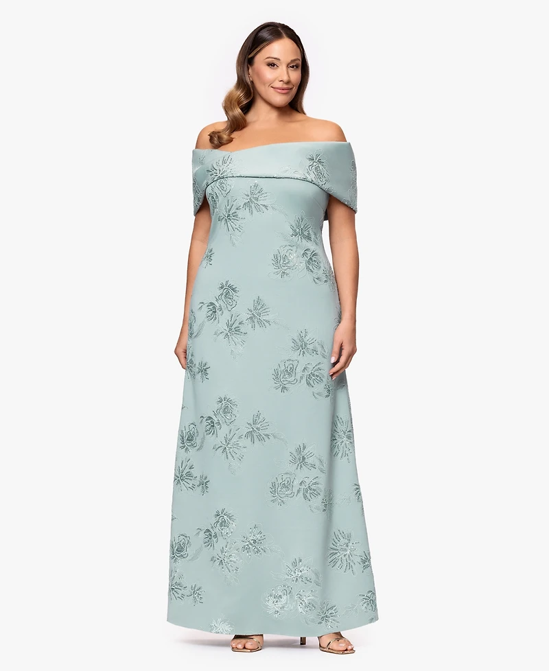 Betsy & Adam Plus Long Jacquard Off The Shoulder Ball Gown
