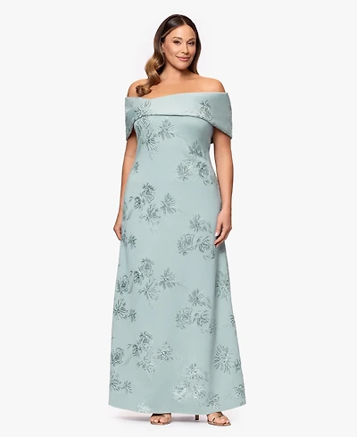 Betsy & Adam Plus Long Jacquard Off The Shoulder Ball Gown