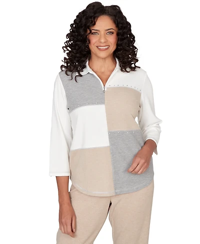 Alfred Dunner Petite Quarter Zip Collared Patchwork Top