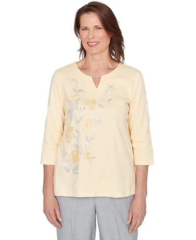 Alfred Dunner Petite Asymmetrical Floral Embroidered Split Neck Top