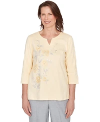 Alfred Dunner Petite Asymmetrical Floral Embroidered Split Neck Top
