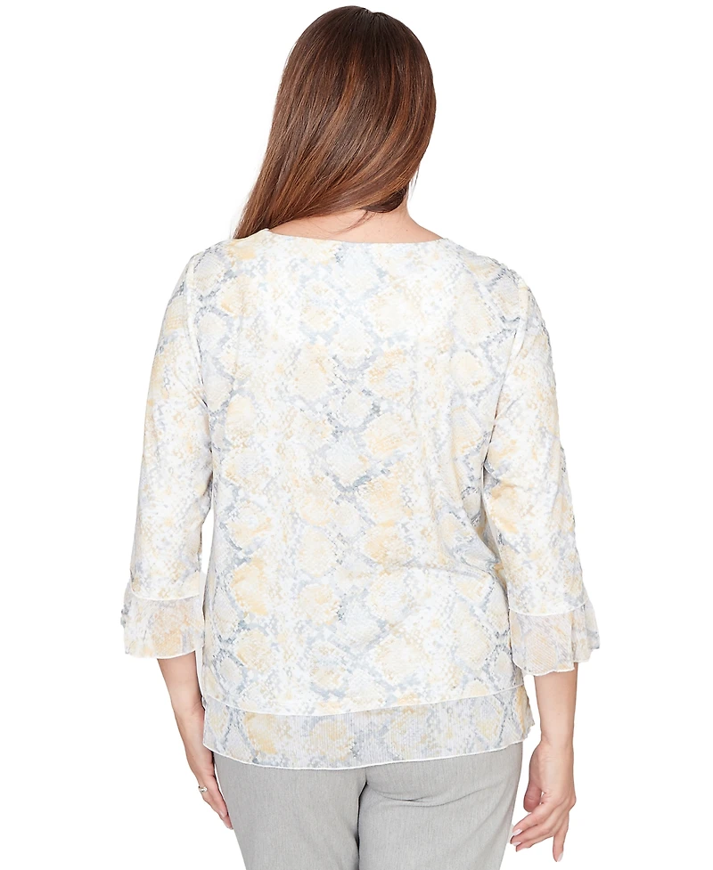 Alfred Dunner Petite Python Printed Knit Flutter-Sleeve Crewneck Top