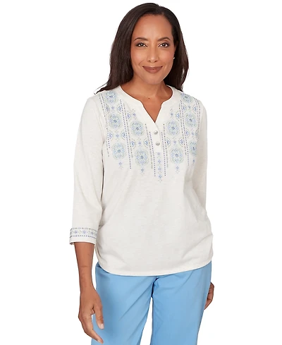 Alfred Dunner Petite Medallion Embroidered Ruched Split Neck Henley Top