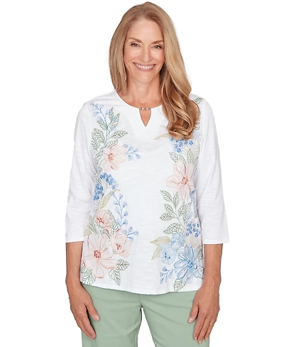 Alfred Dunner Petite Floral Embroidered Split Neck Top