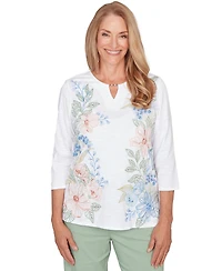 Alfred Dunner Petite Floral Embroidered Split Neck Top