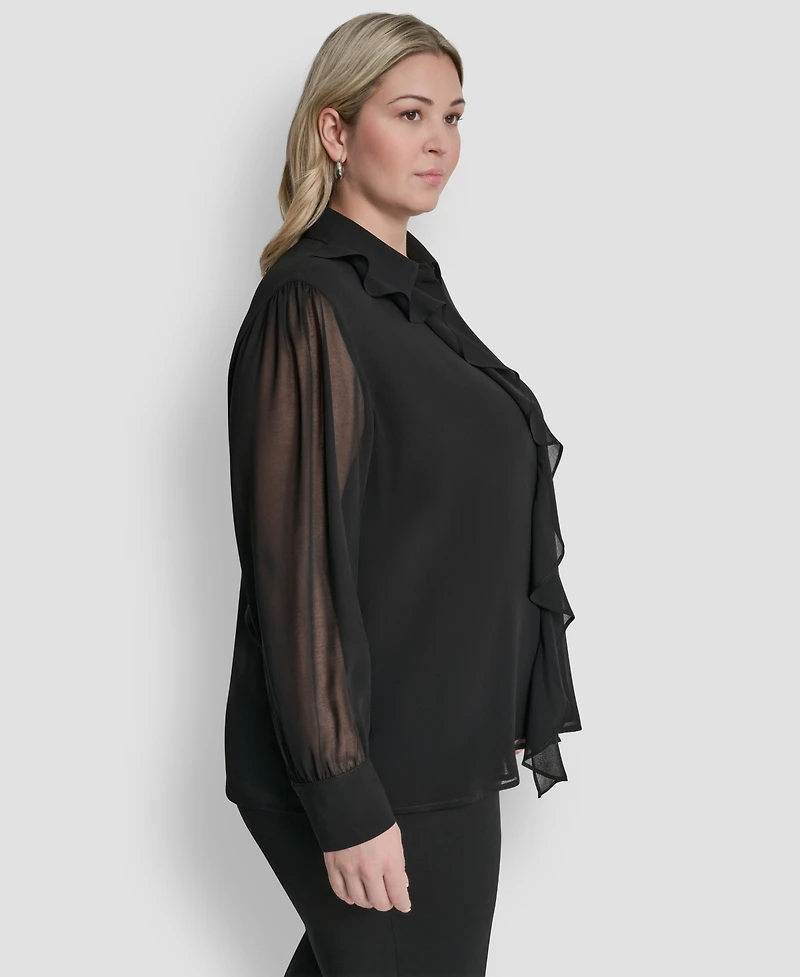 Dkny Plus Collared Ruffle Detail Long-Sleeve Top
