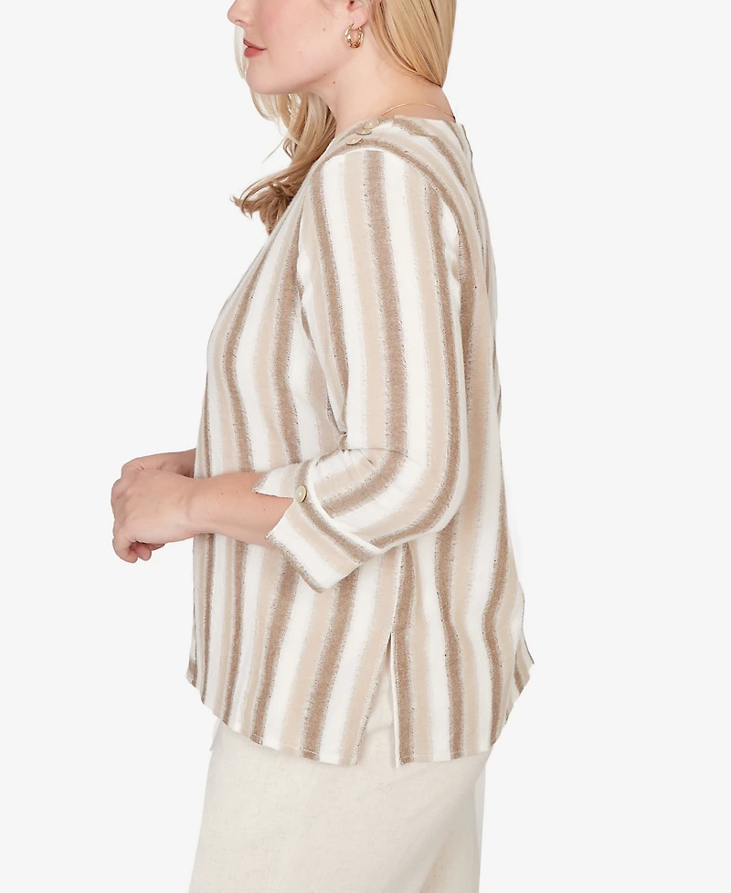 Alfred Dunner Petite Natural Wonder Spliced Stripe Three Quarter Sleeve Top