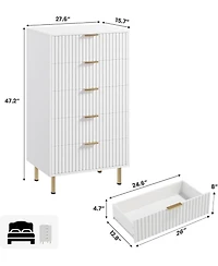gaomon Fluted 5 Drawer Storage Dresser, Tall Chest with Deep Drawers and Wide Top, Wooden Organizer for Living Room or Kids