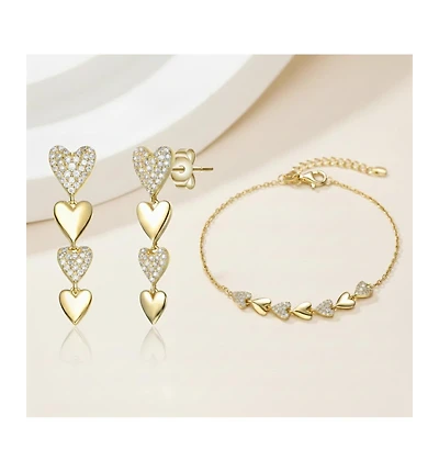 Genevive Gold-Plated Heart Jewelry Set with Sparkling Cz – Elegant Bracelet & Drop Earrings