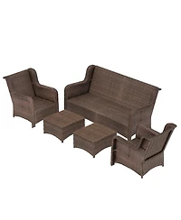 Flynama 5 Piece Rattan Outdoor Sectional Conversation Set 3 Seat Couch 2 Single Chairs 2 Ottomans Bron Peacock Blue for Lawn Balcony Garden Backyard