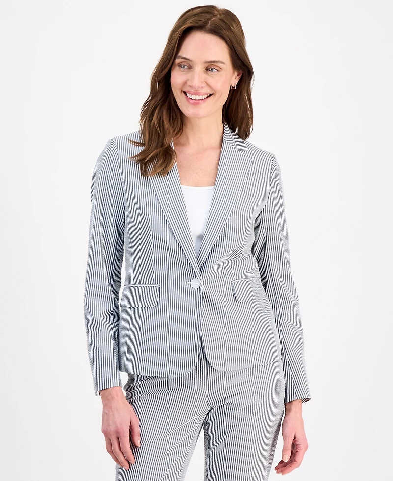 Le Suit Women's Long-Sleeve Seersucker Pantsuit
