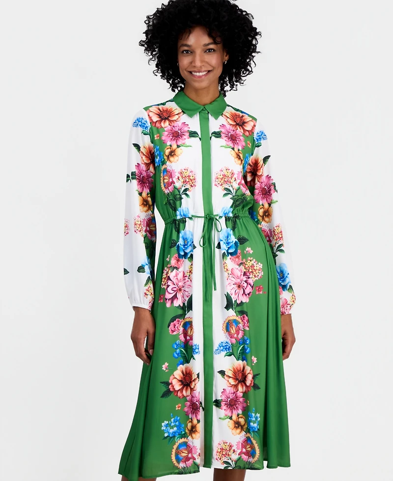 T Tahari Women's Drawstring-Waist Midi Shirtdress