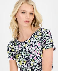 Connected Petite Floral-Print Pintuck Short-Sleeve Dress