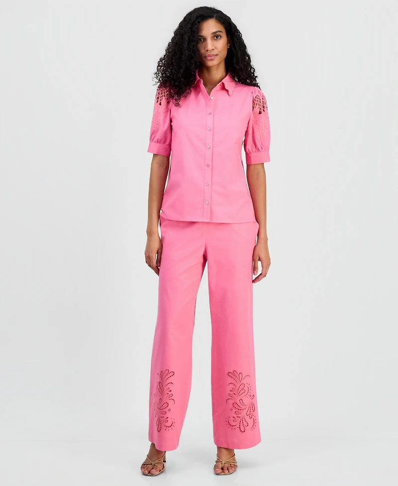 T Tahari Women's Embroidered Puffed-Sleeve Blouse