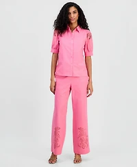 T Tahari Women's Embroidered Puffed-Sleeve Blouse