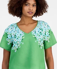 T Tahari Women's Floral V-Neck Short-Sleeve Top