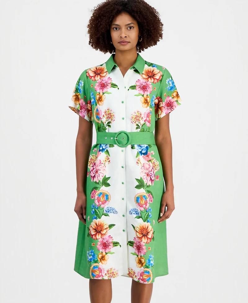 T Tahari Women's Printed Belted Button-Front Midi Dress