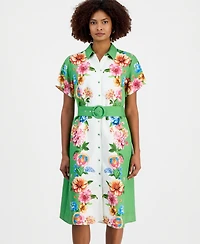 T Tahari Women's Printed Belted Button-Front Midi Dress