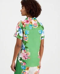 T Tahari Women's Collared Short-Sleeve Floral Blouse