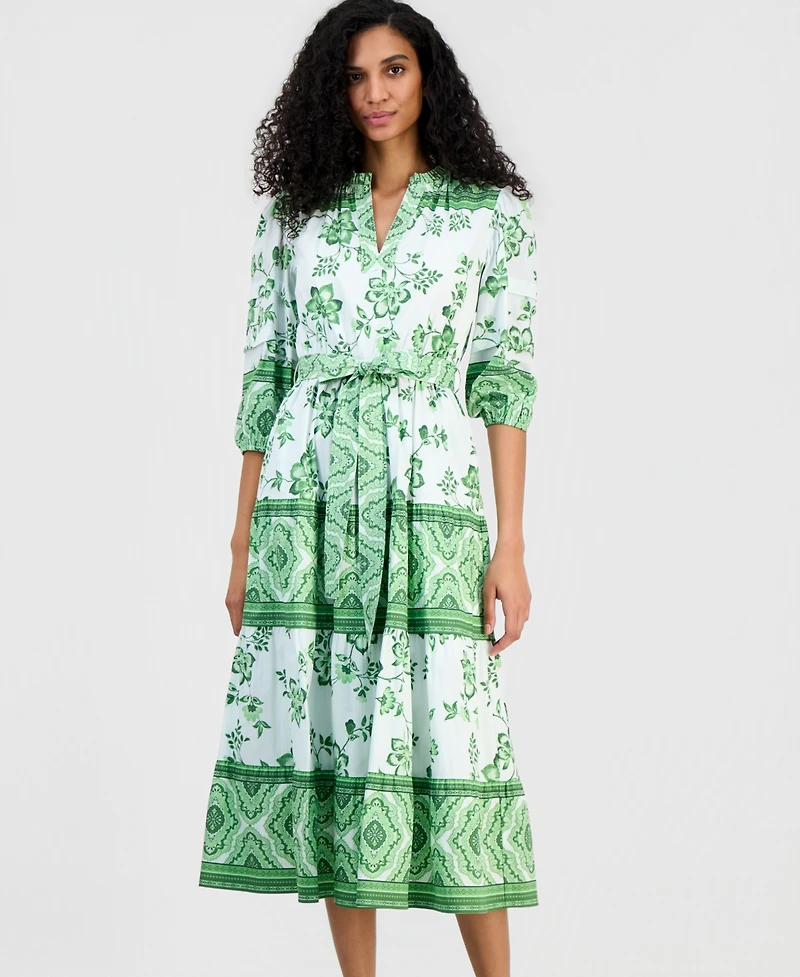 T Tahari Women's Split-Neck Tiered Dress