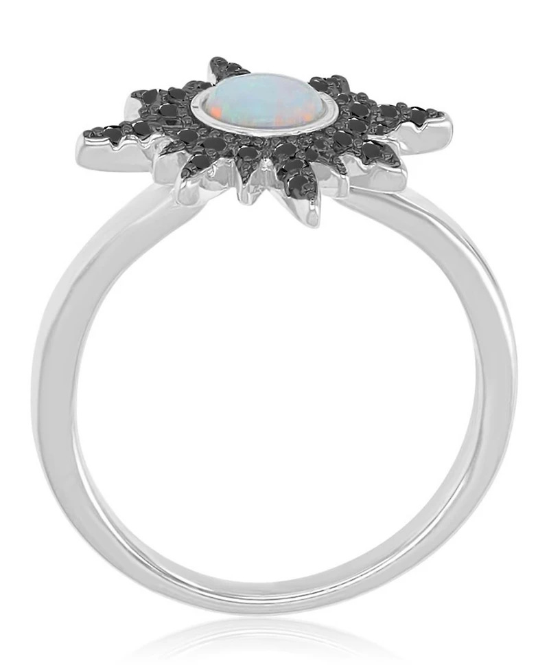 Macy's Black Spinel (0.218 ct. t.w.) and White Opal (5 mm) Starburst Ring Rhodium Over Sterling Silver