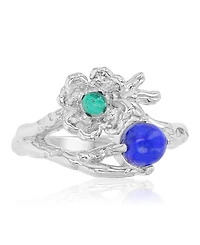 Macy's Malachite (0.14 ct. t.w.) and Lapis (5 mm) Flower Ring Rhodium Over Sterling Silver