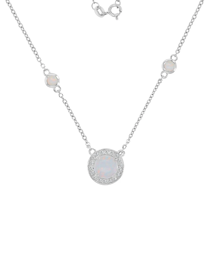 Macy's White Sapphire (0.108 ct. t.w.) & Opal (7mm) Necklace in Rhodium Over Sterling Silver