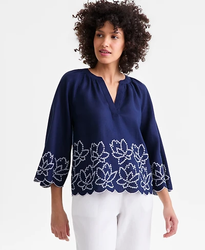 Charter Club Women's 100% Linen Raglan-Sleeve Cabana Top, Created for Macy's