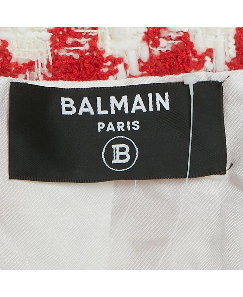 Pre-Owned Balmain Women's Red /white Houndstooth Tweed Open Front Jacket