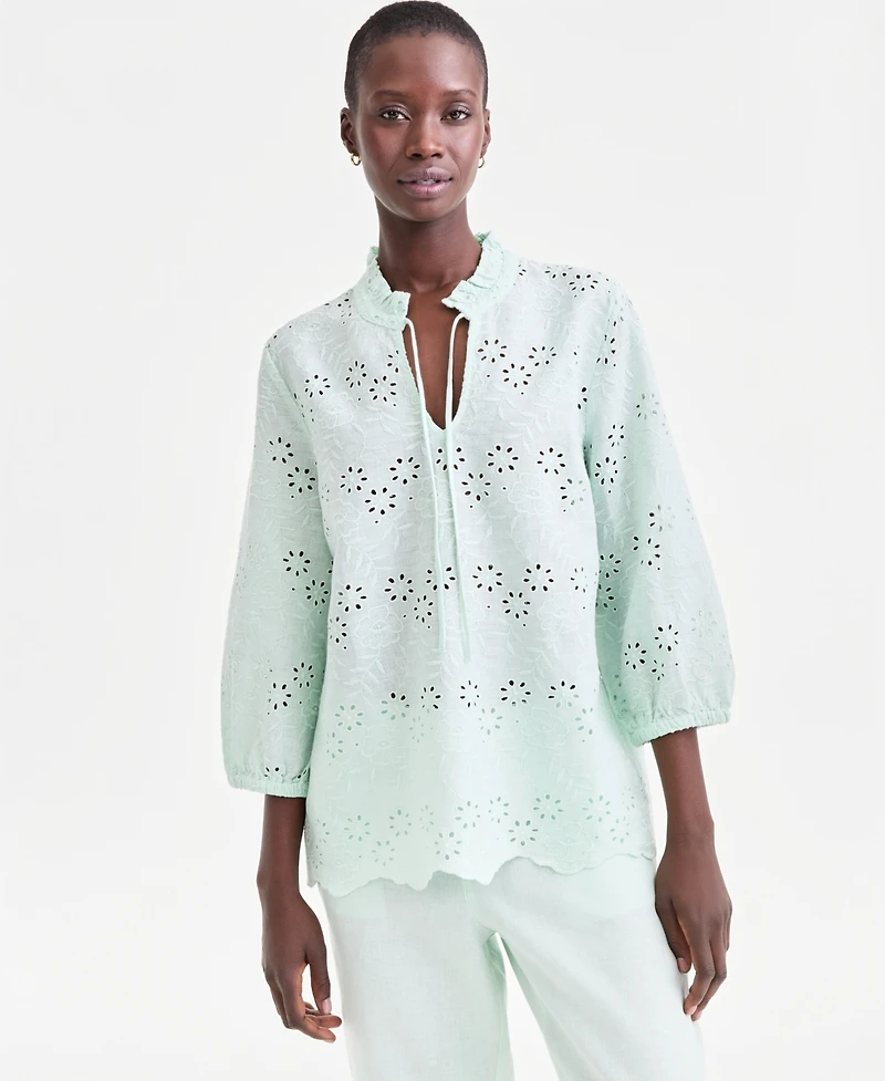 Charter Club Women's 100% Linen Eyelet-Embroidered Blouson-Sleeve Top, Macy's Exclusive