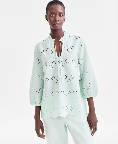 Charter Club Women's 100% Linen Eyelet-Embroidered Blouson-Sleeve Top, Macy's Exclusive