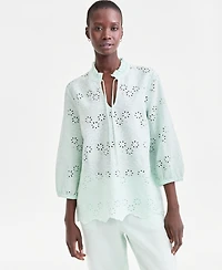 Charter Club Women's 100% Linen Eyelet-Embroidered Blouson-Sleeve Top, Macy's Exclusive