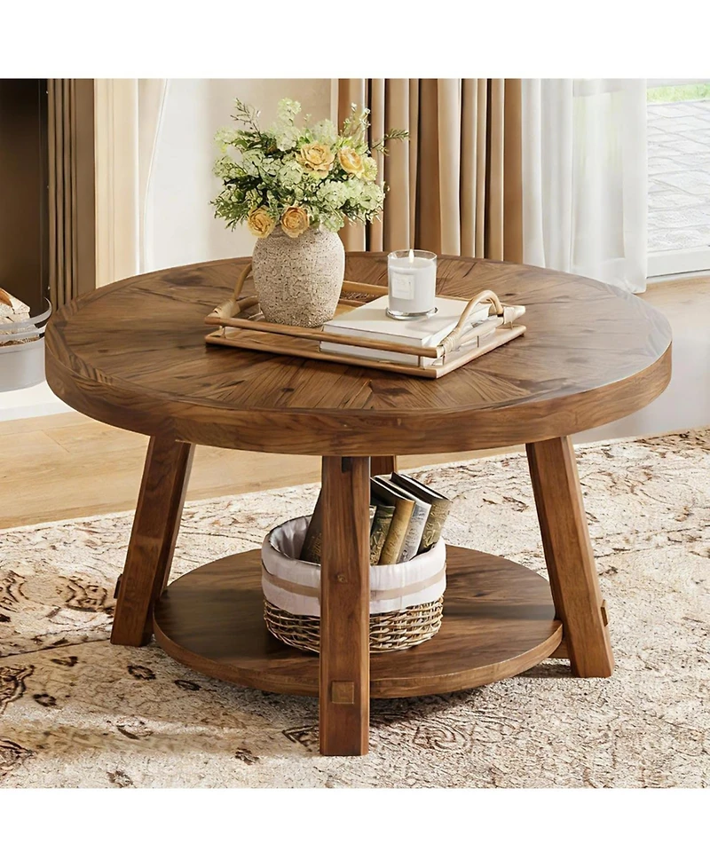 Tribesigns Solid Wood Coffee Table with Storage, 2-Tier Farmhouse Round Coffee Table for Living Room, Easy Assembly