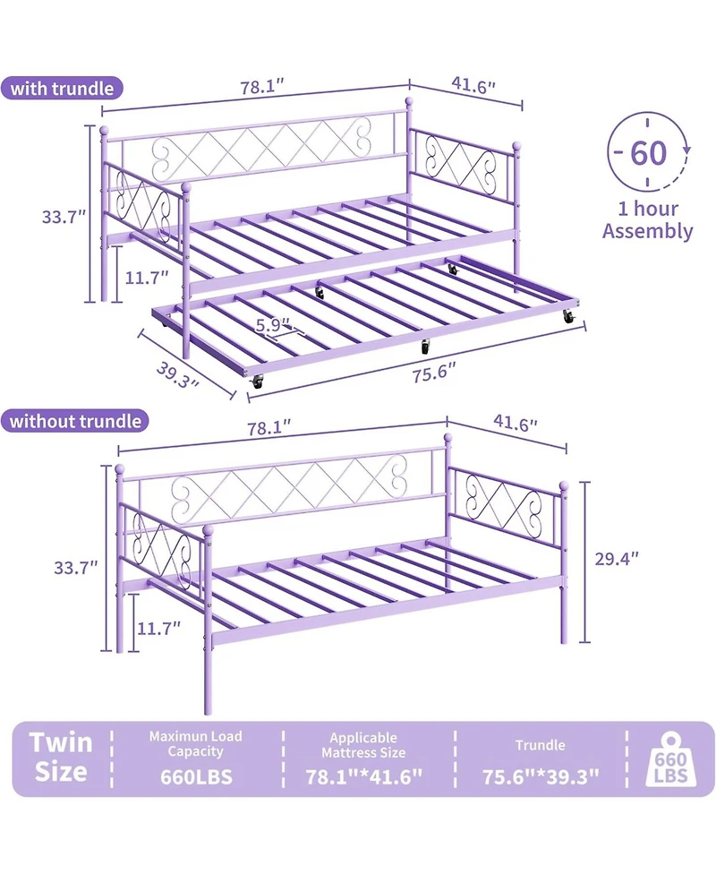 gaomon Daybed with Trundle, Twin Bed with Heart-Shaped Headboard, Sturdy Metal Frame with Steel Slat Support, Easy Assembly for Bedroom & Guest Room