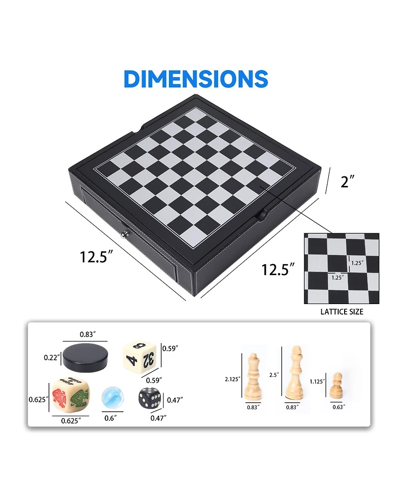 Gse Games & Sports Expert 12.5" Premium Leather 5-in-1 Chess, Checkers, Backgammon, Poker Dice and Chinese Checkers Board Set