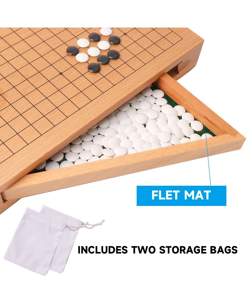 Gse Games & Sports Expert 12-Inches Wooden Go Board Game Set with Drawers, Wood Go Game Board Set with Plastic Stones