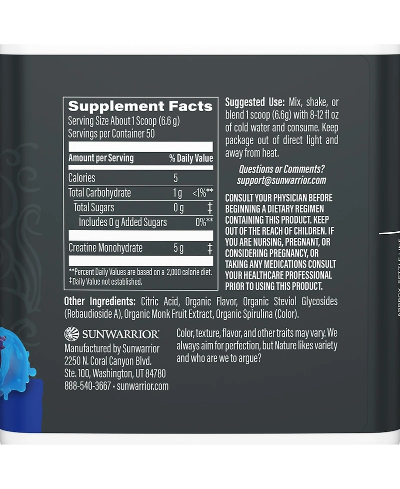 Sunwarrior micronized creatine monohydrate for muscle building, strength, recovery, and cognition; keto friendly