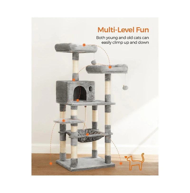 Cozito 56.3-Inch Cat Tree with Scratching Posts, Hammock, Padded Perches, Cat Condo, Anti-Tip Kit