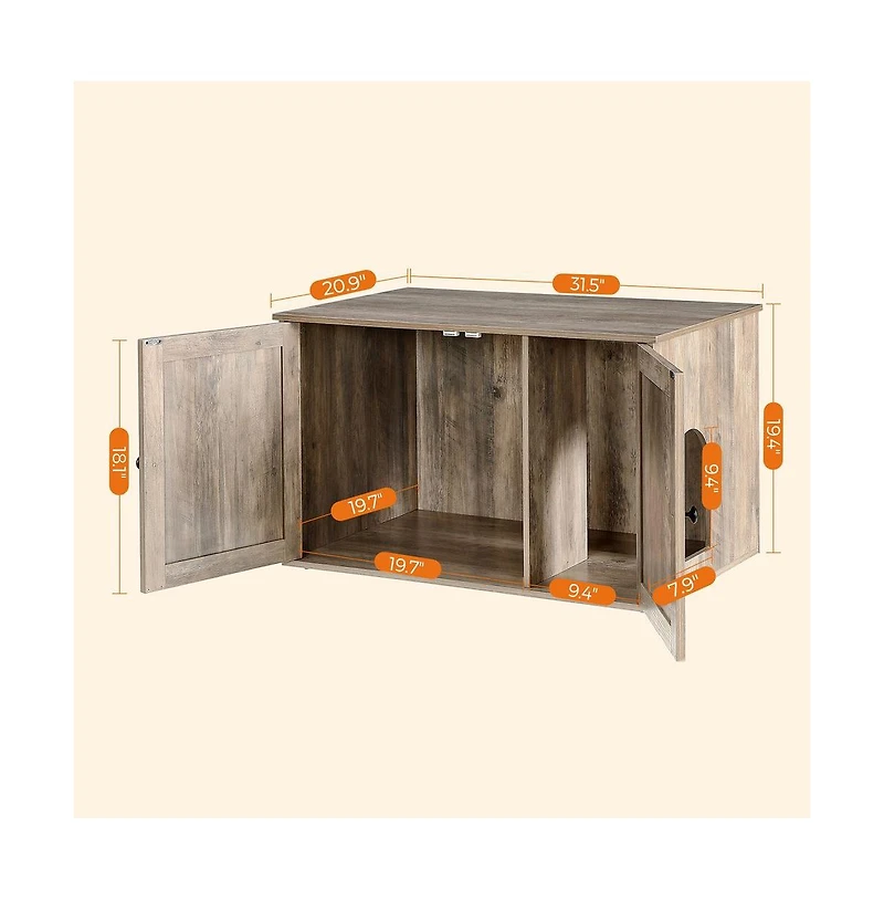Litter Box Enclosure Cabinet with Divider, Barn-Style Doors, Hidden Cat Washroom Furniture, Indoor Use