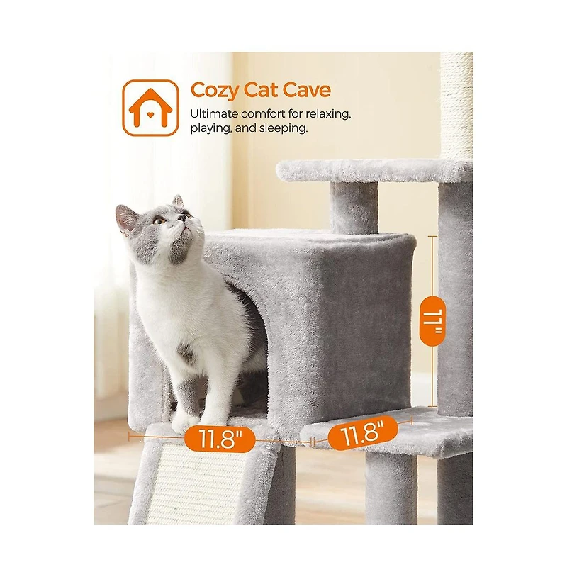 46.5-Inch Cat Tree with Cat Cave, 2-in-1 Scratching Ramp, Removable Toy Sticks, Anti-Tip Kit