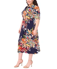 Msk Plus Printed Collared Neck Short-Sleeve Midi Dress