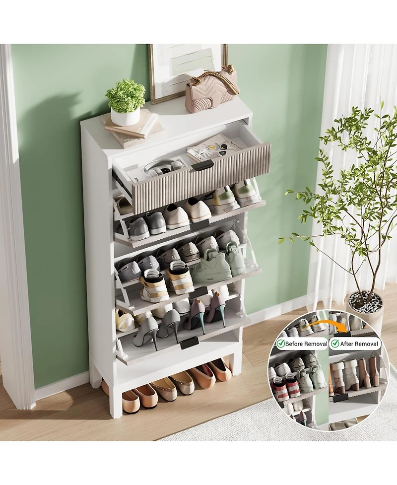 gaomon Shoe Storage Cabinet with 3 Flip Drawers, Farmhouse Fluted Organizer Metal Legs, Freestanding Narrow Rack for Entryway