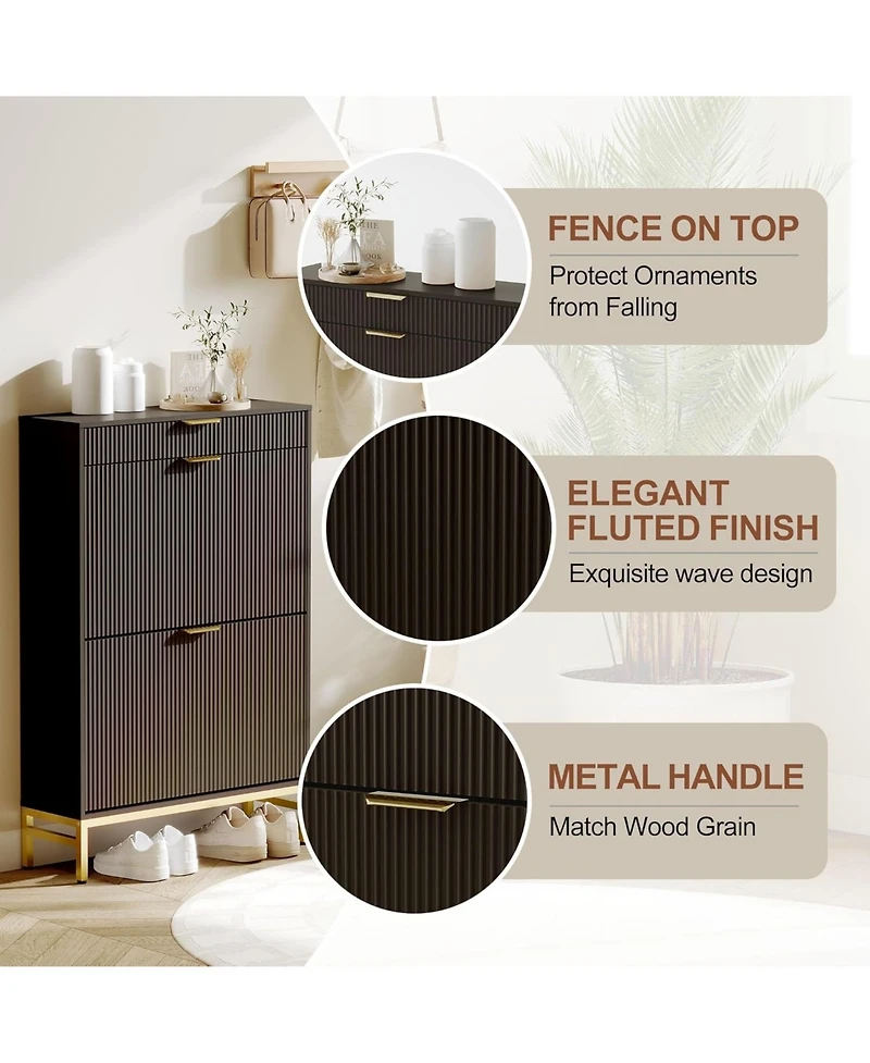gaomon Fluted Shoe Cabinet with 2 Flip Drawers, Slim Entryway Shoe Organizer with Drawer & Metal Legs, White