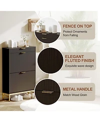 gaomon Fluted Shoe Cabinet with 2 Flip Drawers, Slim Entryway Shoe Organizer with Drawer & Metal Legs, White