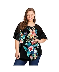 Avenue Women's Plus Mixed Media Floral Print Top