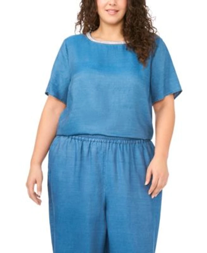 Vince Camuto Chambray Short Slv Crew Neck Blouse Wide Leg Smocked Waist Pant